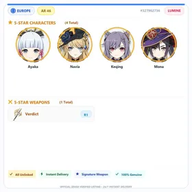 [EU] AR46 | Kamisato Ayaka+Navia+Verdict+Keqing+Mona | 0-5000 Primogems | Female | All Unlinked