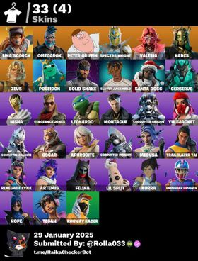 [PC/PSN/XBOX] 33 skins | Lina Scorch ✨ Omegarok ✨ Peter Griffin ✨ Spectra Knight ✨ Valeria ✨ Hades ✨ Zeus✨ Solid Snake ✨ Slayer Juice WRLD
