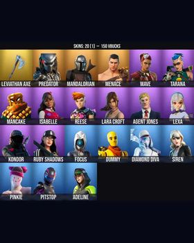 20 Skins Leviathan Axe ⭐️ Lara Croft ⭐️ Siren ⭐️ Isabelle ⭐️ Pitstop ⭐️ Ruby Shadows ⭐️ Mandalorian ⭐️ Kondor ⭐️ Lexa ⭐️ Agent Jones ⭐️ Dummy ⭐️ Driver ⭐️ Mancake ⭐️ Mave ⭐️ Reese ⭐️ Predator ⭐️ Tarana ⭐️ Diamond Diva ⭐️ Menace ⭐️ Focus ⭐ m9310083979