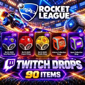 90 Items | 60 Cases | Exotic + Import + Rare + Inferno + Apex | Rocket League Twitch Drops
