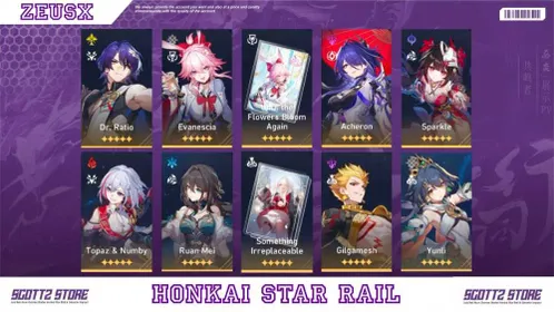 ASIA | TL 7 | Female | Evanescia Signature + Sparkle + Acheron + Gilgamesh + Topaz + Ruan Mei + Dr. Ratio | LC Clara | Character Banner RATE ON | Golden Companion x1 | All Unset | Fast Delivery