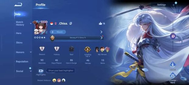 Starter Hero 46 Skin 19: Sesshomaru (Sima Yi) Legend Kaizer, Worldly Haya, etc Log LI