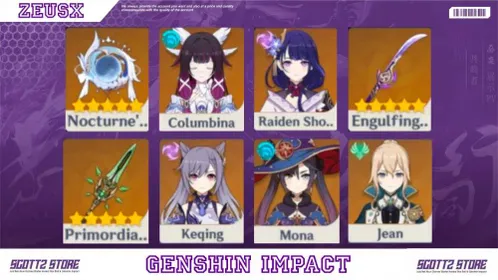 ASIA | AR 10 | Male | Columbina Signature + Raiden Shogun Signature + Keqing + Mona + Jean | Weapon PJWS | All Unset | Fast Delivery