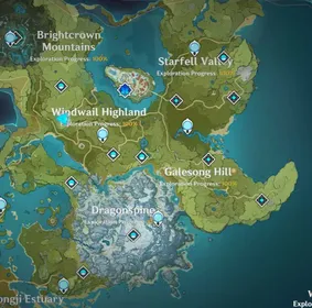 Mondstadt 100% Exploration + Anemoclus + Max Frostbearing Tree+ Windrest peak