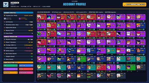 GEMS SPENT 12251 💙 41k TROPHY 💙 139 SKINS 💙 RONIN RUFFS 💙 FURIOUS FANG 💙 NINJA ASH 💙 DARK ANGEL EDGAR 💙 GOLD MECHA CROW 💙 LIGHT MECHA BO 💙 SURGE LIGHTYEAR 💙 SQUAD BUSTER SHELLY 💙 GAMER BIBI 💙 MEGALODON 💙 GRIDIRON OTIS 💙 LOADED RICO 💙 86 BRAWLERS 💙 12 MAX