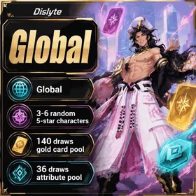 Global | 140 draws gold card pool, 36 draws attribute pool, 3-6 random 5-star characters | 1 Hour Delivery