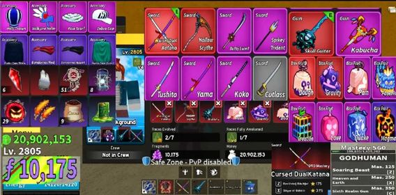 #064 Blox Fruits Account Lvl 2800 : Cyborg V4 Full Gear + Godhuman + Cursed Dual Katana , Hallow Scythe , Soul Guitar . 20M Beli ,10k Fragment . Dough , Gravity , Paint ,Phoenix,...Inventory.  Automatic Order .