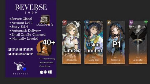 Global | Lv.1 | 6 ☆: Rhiannon+Liang Yue+ P1 Coppélia+A-Knight+40 Unilog | +Selector 6☆  | ST1.4 | #rv028