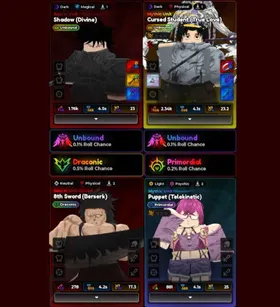2 Unbound 1022 Trait Reroll - Unbound Shadow (Divine) + Unbound Cursed Student (True Love) + Primordial Puppet (Telekinetic) + Draconic 8th Sword (Berserk) | Evolved Gowther Megumi Unbound Mahoraga Kenpachi meta Secret Clean Meta Anime Expeditions Account