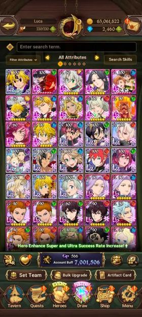 Global, 2.680💎7 Million buff, 12LR + 12UR + 13 collab chars : Full 9 Rezero chars + Full 4 chars Gachiakuta, have UR Nemesis Meliodas LR 3/6 + MerlinEscanor 2/6