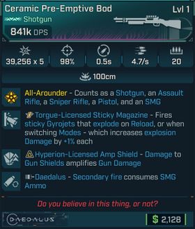 ⭐[MODDED] L1 BOD - 841K DPS - 98% ACCURACY - 4.7/s FIRE RATE - 0.5s RELOAD - STICKY GYROJETS - HYP AMP SHIELD - DAEDALUS FIRE SMG AMMO⭐
