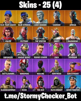 25 SKINS 🌈 ORANGE JUSTICE 🌈 DRIFT 🌈 FLYTRAP 🌈 BLUE TEAM LEADER 🌈 BLUE STRIKER 🌈 BALLOON AXE 🌈 LUG AE 🌈 HYPE 🌈 SWIPE IT 🌈 FULL MAIL ACCESS 🌈 ALL LINKABLE