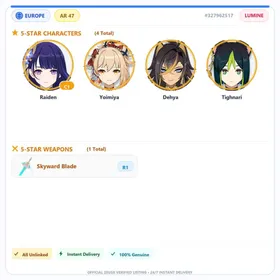 [EU] AR47 | Raiden Shogun C1+Yoimiya+Skyward Blade+Dehya+Tighnari | 0-5000 Primogems | Female | All Unlinked