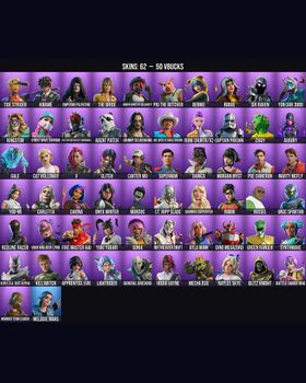 62 Skins Glitch ⭐️ Cat Holloway ⭐️ Johnny Silverhand ⭐️ Rogue ⭐️ Tide Strider ⭐️ Kwame ⭐️ Emperor Palpatine ⭐️ The Bride ⭐️ Omen Hunter Calamity ⭐️ Pig the Butcher ⭐️ Bernie ⭐️ Sir Raven ⭐️ Yon Dar 3000 ⭐️ Kingston ⭐️ Street Wave Teknique m9791305675