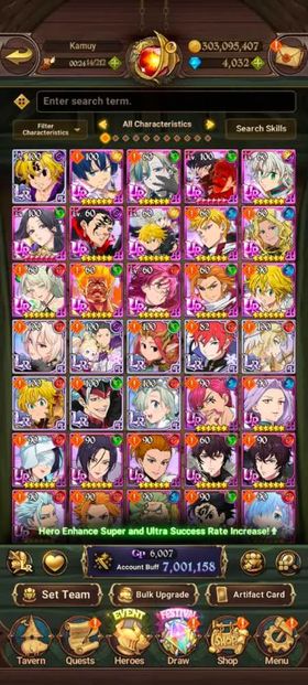 Global, 4.032💎Meliodas LR 6/6 + Gawain. 7Mill buff, 9LR + 15UR + 16 collab chars : 7 chars Rezero + 3 chars Gachiakuta + Full Solev + Full Konosuba have UR Meliodas LR 6/6 + UR Selector + Special Reward Box + 7th Spring Box + 247X LR coin