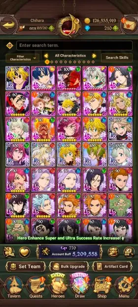 Global, 255💎5,2 Million buff, 7LR + 14UR + Full Gachiakuta, have newest UR Gawain+ Another Meliodas + Another Ban, story only at chapter 13
