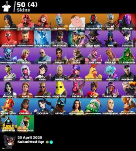 SPIRE IMMORTAL📌CHLOE KIM✅DIAMOND HANZ MARIGOLD📌YELLOWJACKET✅ZOE CLASH📌THE GIANT CHICKEN TRACY TROUBLE✅PROWLER💚50 SKINS💚PSN XBOX NINTENDO PC💚STW💚FULL AC💚300-vBUCKS