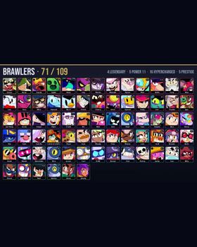 🏆 37.5K Trophies • 🎮 71/109 Brawlers • 🎨 117 Skins • ⭐ 4 Legendary • ⚡ 16 Hypercharged • 💪 5 Maxed P11 • 👑 5 Prestige • 💎 3 Mythic / 3 Hypercharge Skins • 🔥 Godzilla Buzz, Impie Colette, Bandita Shelly, Constructor Jacky, Amazing Charlie m9983812647
