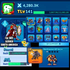 SA Lvl 141⭐️4k Power⭐️Wargreymon Lv 99 + Gallantmon Lv 99 + Imperialdramon: Dragon Mode Lv 99 + MetalGarurumon Lv 90 + Phoenixmon Lv 90 + SlashAngemon Lv 90 + Valkyrimon Lv 99 + Imperialdramon: Fighter Mode Lv 90⭐️Wargreymon SP SUPPORT + Tai Kamiya BUDDY + SKILL CARDS BANNER LV. 14 + SUPPORT BANNER LV. 15