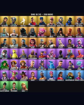 56 Skins The Reaper ⭐️ Elite Agent ⭐️ Take The L ⭐️ Peely ⭐️ Aura ⭐️ Red Knight ⭐️ Cuddle Team Leader ⭐️ Omega ⭐️ Warpaint ⭐️ Carbide ⭐️ Sun Strider ⭐️ Drift ⭐️ Redline ⭐️ Brite Bomber ⭐️ Dark Voyager ⭐️ Spider-Man ⭐️ Rook ⭐️ Blackheart ⭐ m9718726023