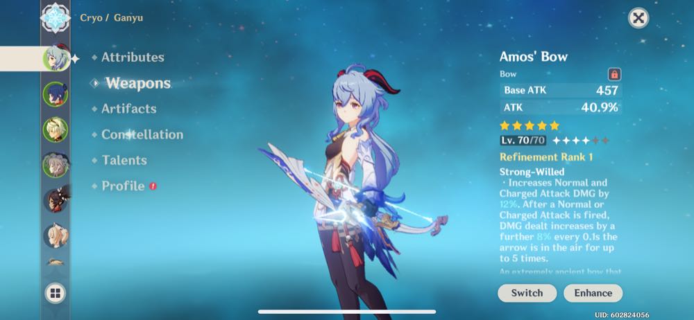 AR35 NA server Ganyu Amos bow with blue seelie and 35 fragile resins . Purely f2p