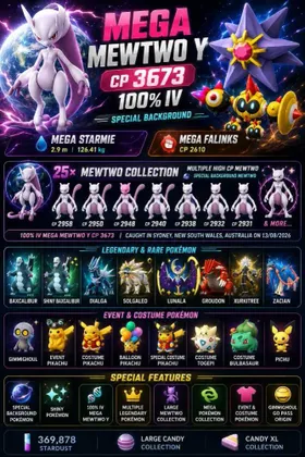 Mega Mewtwo Y CP 3673 100% IV • Special Background,25× Mewtwo,Gimmighoul • Event Pikachu • Costume Pikach,Mega Starmie • Mega Fa