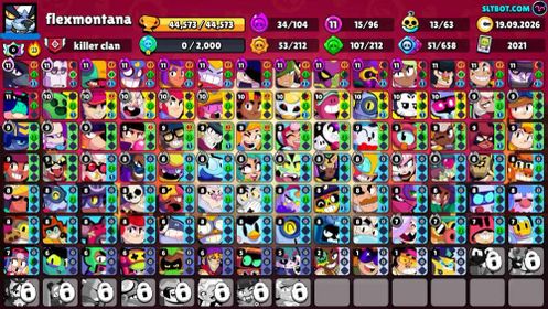44K Trophies LVL45 | 96/107 Brawlers | 15 Max Brawlers - 11 Hypercharges | 171 Skins | 460 Pins | 334 Icons | 182 Sprays