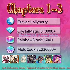 Hollyberry|Dark Enchantress Cookie+Rajapendra Cookie+Mystic Flour Cookie+Dark Cocoa+Nether Queen Cookie+Thor Cookie+Capsaicin Cookie+Shining Star+Sherbet Cookie+Stardust Cookie|Crystals810000+|Rainbow Cubes230000+|Cookie Cutters1600+|Chapters 1-3 iOS/Android/Starter Account|260444S