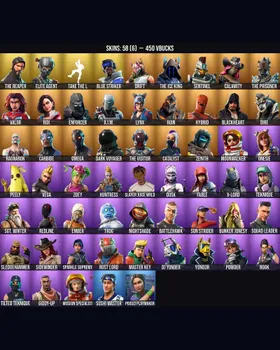 58 Skins The Reaper ⭐️ Elite Agent ⭐️ Take The L ⭐️ Peely ⭐️ Poised Playmaker ⭐️ Catalyst ⭐️ Reaper ⭐️ Omega ⭐️ Slayer Juice WRLD ⭐️ Fable ⭐️ Carbide ⭐️ Sun Strider ⭐️ Drift ⭐️ Redline ⭐️ Trog ⭐️ Onesie ⭐️ Dark Voyager ⭐️ Rox ⭐️ Ember ⭐️ m9978890075