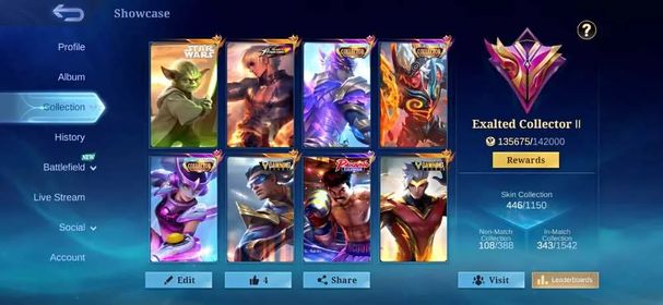 [IOS/ANDROID] CEL LVL 113 | 133 HEROES | 446 SKINS | EXALTED 2 | 2 LEGEND SABER ALUCARD - MANNY PAQUITO - GUSION KOF - 4 COLLECTOR - BRUNO FIREBOLT - CHOU THUNDERFIST - CYCLOPS YODA - XBORG TESLA MANIAC