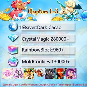 Dark Cacao|Eternal Sugar Cookie+Venom Dough Cookie+Timekeeper+Burning Spice Cookie+Dark Cocoa+Fire Spirit+Shining Star|Crystals280000+|Rainbow Cubes130000+|Cookie Cutters960+|Chapters 1-3 iOS/Android/Starter Account|407537H