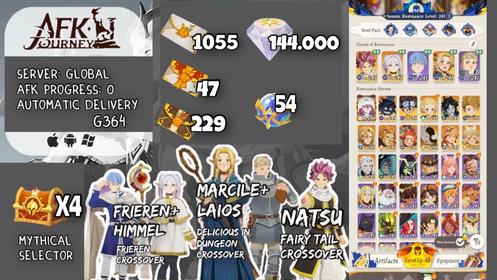 ⚔️ Natsu+Marcille+Laios+Frieren+Himmel+1330 invitations +144,000 diamonds+ Celestial/Hypogean(+4xselector)+Aurora (Supreme+)| AFK progress 0 | Global | G364 | Instant Delivery #afk01