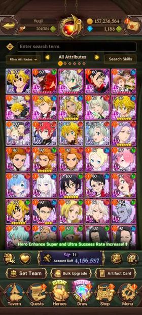Global, 1.188💎4,1 Million buff, 5LR + 10UR + 13 collab chars : Full 9 Rezero chars + Full 4 chars Gachiakuta, have UR Nemesis Meliodas + Special Reward Box + 200x LR coin, story at chap 12 + Side Story all fresh untouch