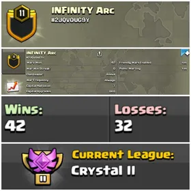 ||CLAN LEVEL 11 || CRYSTAL LEAGUE 2 ||NAME: INFINITY ARC || RARE ENGLISH NAME ||CLAN CAPITAL 8 || WIN- 42 | LOSS- 32 ||LOW PRICE