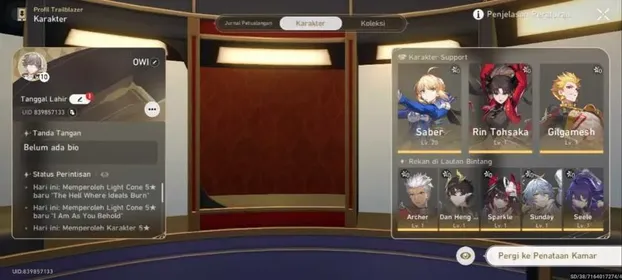 Asia | TL 10 Male | Starter Full Collab + Full signature Lightcone | Rin Tohsaka + Rin Tohsaka Weapon + Saber + Saber weapon + Archer + Archer Weapon + Gilgamesh + Gilgamesh Weapon + Sunday + Sparkle + Danheng PT + 12 Special pass + Golden Companion x3