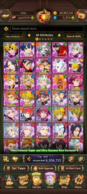 Global, 2.610💎 UR Gawain. 8,5Mil buff, 10LR +🔥 17UR+16 collab chars : Full Gachiakuta + 7 chars Rezero + Full Fire Force + konosuba, have newest UR Gawain 1/6 + UR Nemesis Meliodas 2/6 + UR MerlinEscanor 4/6 + 233x LR coin + UR Selector + Special Reward Box