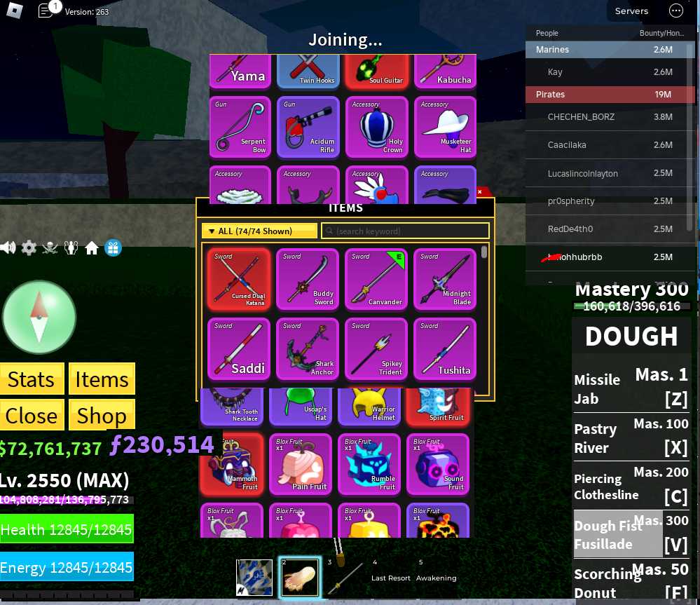 Blox Fruits / Dough v2 / Awakening Shark FULL Gear / SGGHMCDKSharkAnchor / 72m Beli / 230k