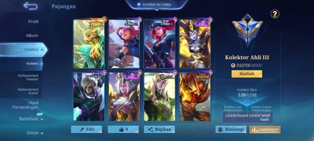 EX 419|LV 34|HERO 66|SKIN 120|EXPERT III|3 MAX EMBLEM|GRANGER PRIME|KARINA KOF|FANNY P.ACE|VALE GAARA|BADANG PEGASUS SEIYA|YU ZHONG M5|GRANGER M7|3 EPIC|