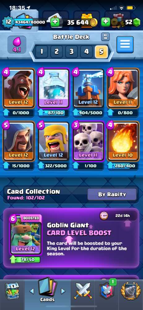 Level 12 / Arena 14 / 36K Gold / 52 Gems / 2 Max Cards (Loon and Zap) / 4.6k Trophies Highest Is 5300 / All 102 Cards