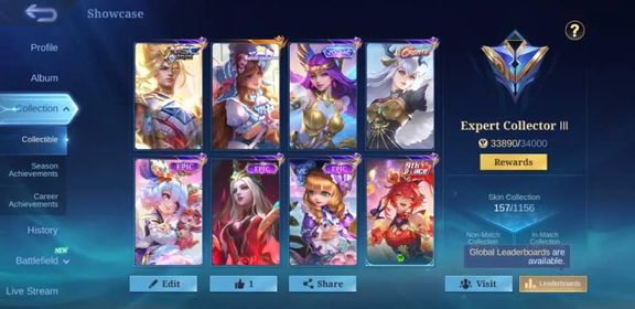 EEXC 42|LV 36|HERO 86|SKIN 157|EXPERT III|3 MAX EMBLEM|SANRIO FLORYN|MSC NATAN|P.ACE FANNY|CREATE ODETTE|SAINTSEIYA BADANG|2 MYSTIC MEOW|ZODIAC ODETTE|9 EPIC