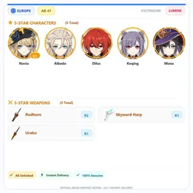 [EU] AR47 | Navia C1+Albedo+Redhorn Stonethresher R2+Skyward Harp+Uraku Misugiri+Diluc+Keqing | 0-5000 Primogems | Female | All Unlinked