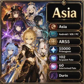 Asia | AR 55 | 60 Intertwined Fate, 102 Acquaint Fate, 55000 Primogems, Durin | Fast Delivery