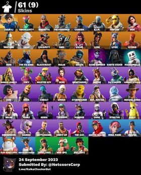 61 SKINS | CHUN LI - MARSHMELLO - DARTH VADER - DARK BOMBER - LINX STAGE 3 - VENDETTA STAGE 5 - BLACKHEARTH STAGE 8 - ROX STAGE 5 - CALAMITY STAGE 5 - HYBRID STAGE 4 - ZENITH STAGE 4 - MARSHY SMASHER - HEARTSPAN - ORANGE JUSTICE - TAKE THE ELF - HOT MARAT - FRESH - WIDOWS PIROUETTE - POINT IT UP - HYPE