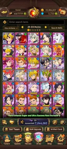 Global, 3.761💎 7 Million buff, 8LR + 13UR + 13 collab chars : 7 chars Rezero + 3 chars Gachiakuta + Full Fire Force, have UR Nemesis Meliodas LR 4/6 + 260x LR coin