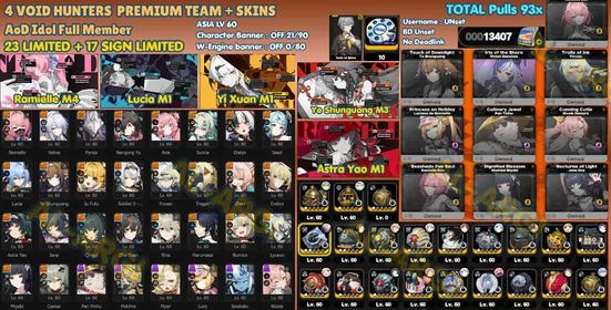 Asia | Endgame | 85*5 |Semi-Whale | 4 Void Hunters + 3 AoD + Premium Teams | Ramielle M4 + YSG M3 + Yixuan M1 + Lucia M1 + Wise MC | many paid skins | 93x Pulls