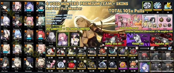 Asia | Female | 58*5 | 4 Void Hunters + Premium Team + Skins | AoD Idol Full | 91x Pulls