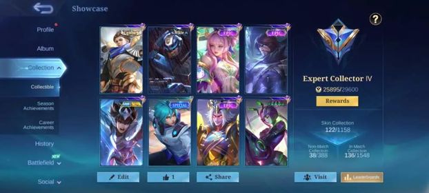 EEXC 48|LV 46|HERO 88|SKIN 122|EXPERT IV|5 MAX EMBLEM|MYTH CLINT|P.ACE FANNY|SAINTSEIYA BADANG|GAARA VALE|ANNIVERSARY AKAI|2 SABER (JOHNSON,FREYA)|7 EPIC