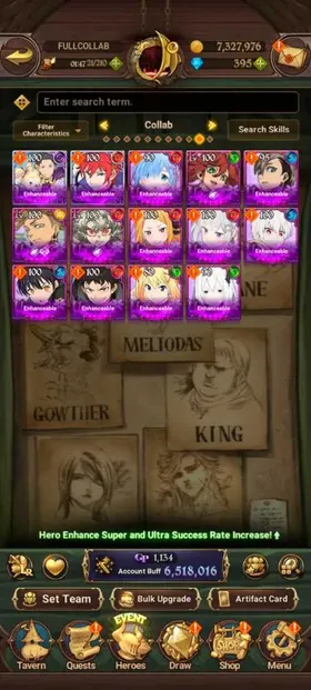 Global, 530💎Rudo 6/6 + Enjin 4/6, 6,5 Million buff, 9LR + 11UR +14 collab chars : Full collab Gachiakuta + 6 chars Collab Rezero + Full Collab Fire Force + Konosuba Darkness, Have newest UR Meliodas LR + Special Reward Box, Story only at chapter 15 + side story all fresh