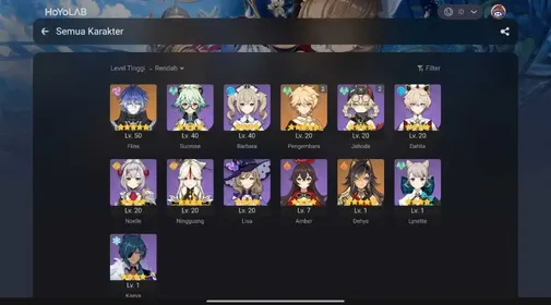 Flins Starter + Dehya + Jahoda + Barbara + MC Aether Map Very Low Explore | AR 26 Asia | Unset All (username+birthday) | Fast Delivery