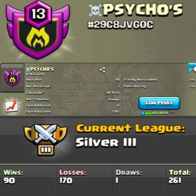 Level 13🔥 Name- ☠️PSYCHO'S 🔥 Silver 3 League 🔥 Capital Hall 8 🔥 Win 90 Loss 170🔥